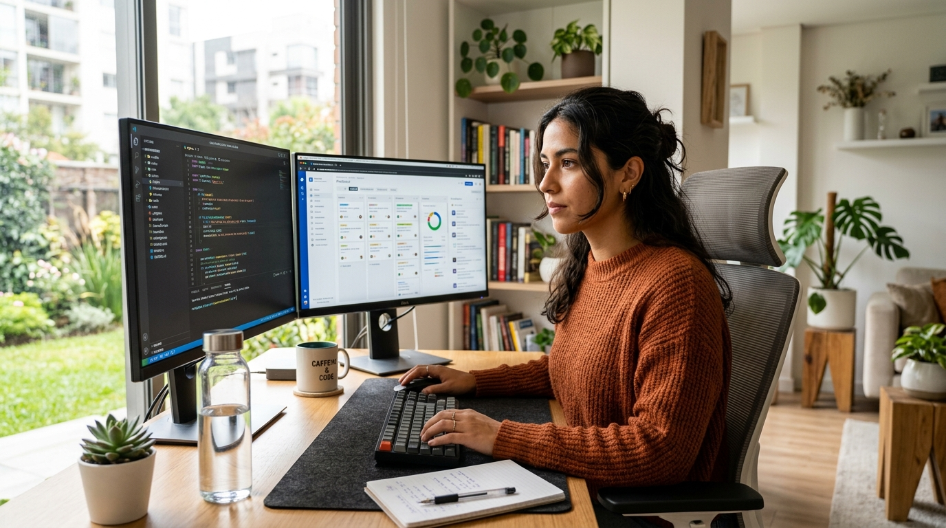 Latin American nearshore tech talent working at a dual-monitor setup for a US staffing company in 2026