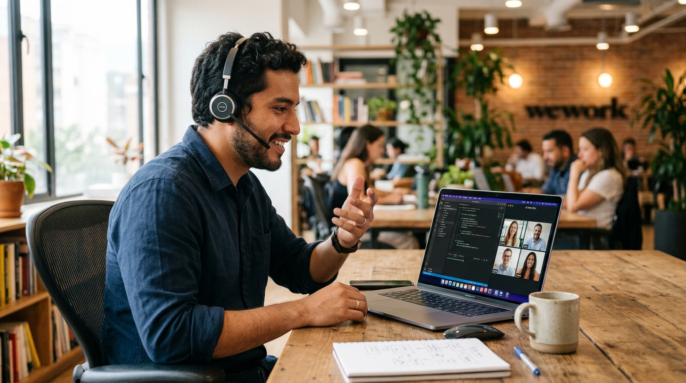 Nearshore tech talent on a live video call with a US business team, illustrating real-time collaboration for a staffing company