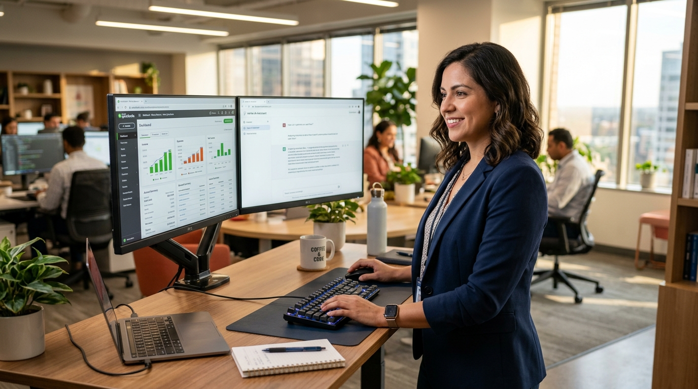 Latin American nearshore tech staffing professional using an AI copilot on QuickBooks, illustrating Rose Talent Solutions' AI advantage