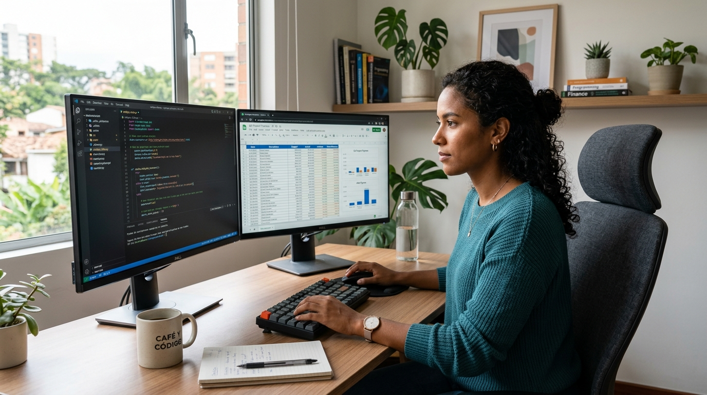 Latin American nearshore technical recruiter working at dual-monitor desk during California business hours, nearshore technical recruiting setup
