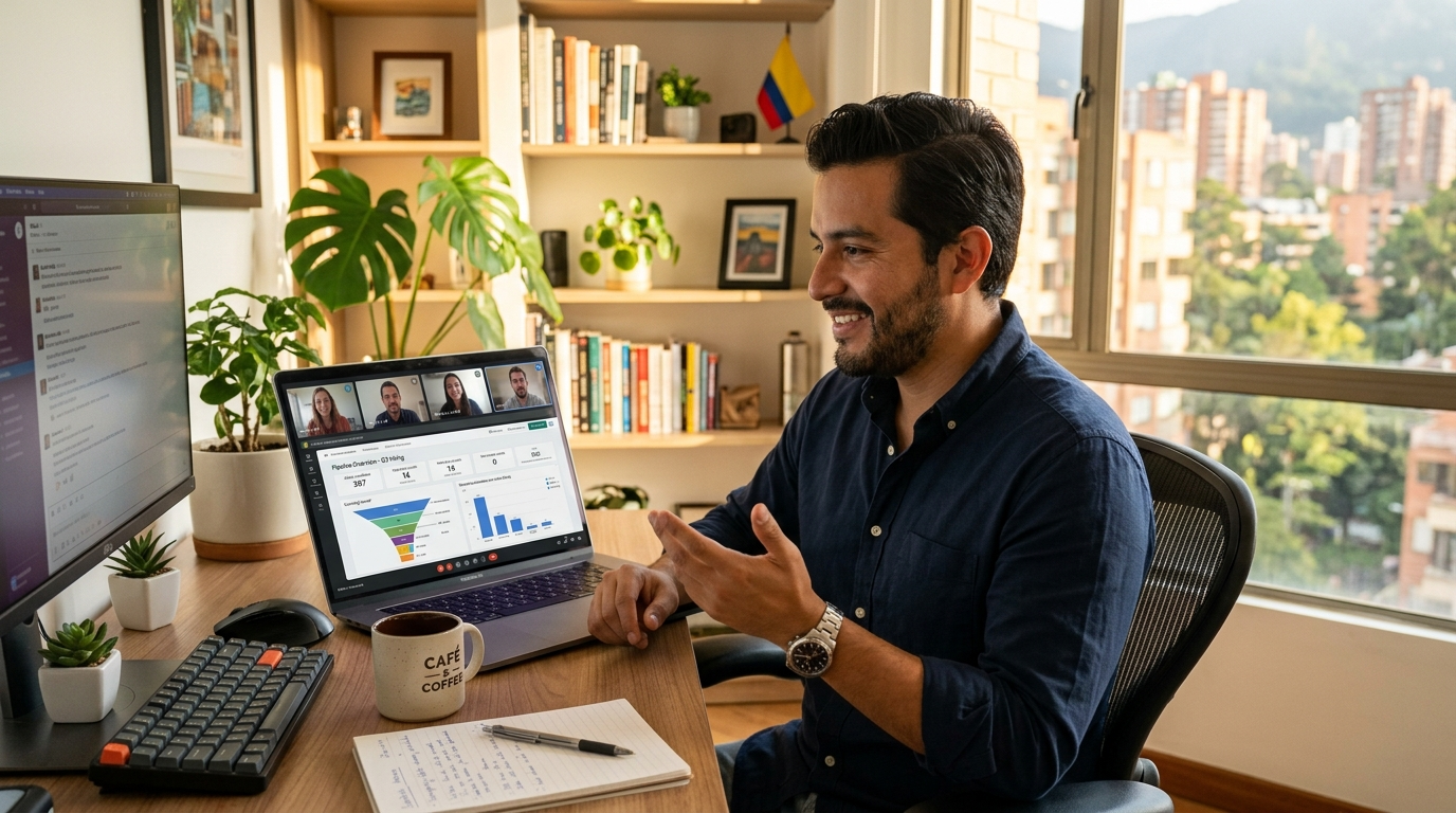Nearshore technical recruiter on video call with California business team, Latin America home office setup during US business hours