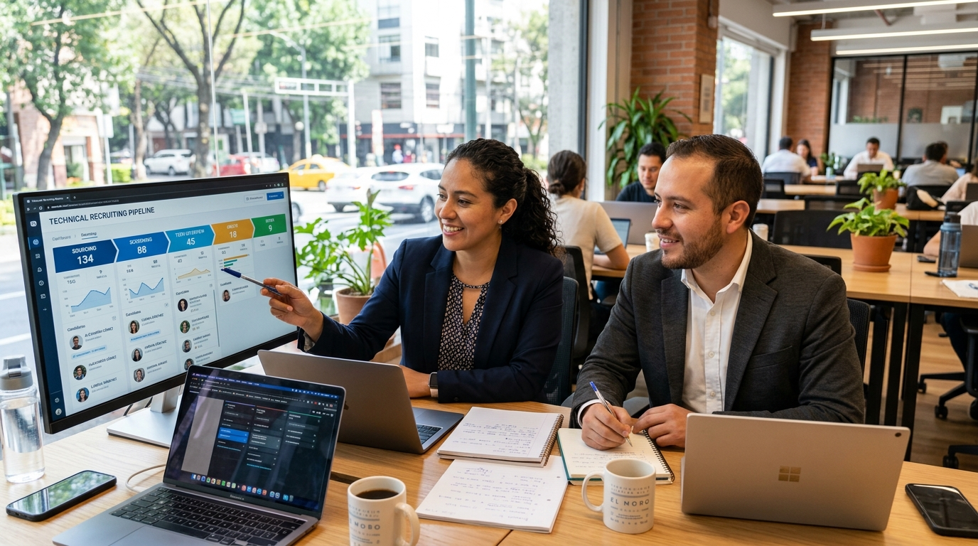 Latin American nearshore technical recruiting team reviewing candidate pipeline in Mexico City co-working space during California business hours