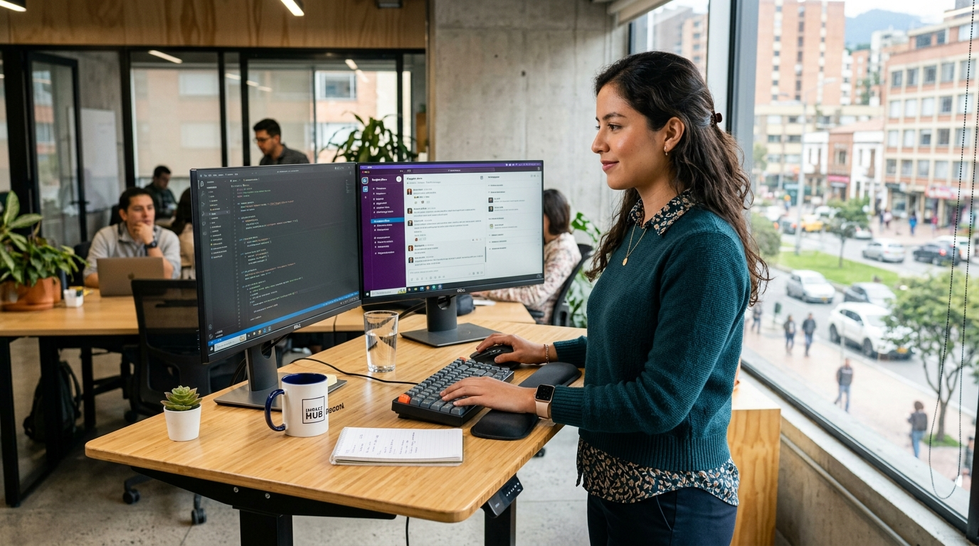 Latin American nearshore technology staffing professional at dual-monitor workstation reviewing code and project management tools during US business hours