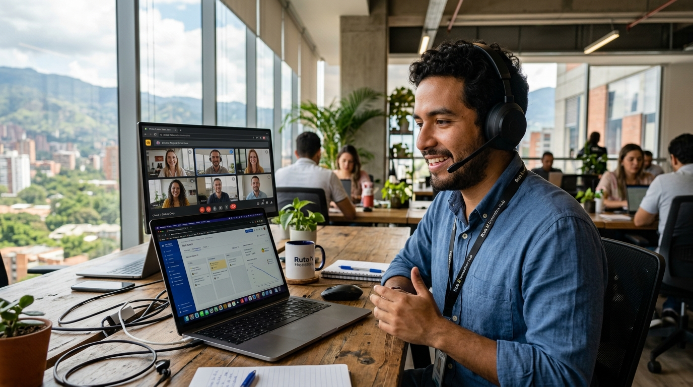 Nearshore technology staffing professional in Medellín on a video call with a US business team, reviewing a technical project dashboard