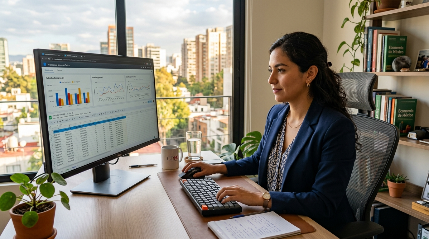 Nearshore technology staffing specialist in Mexico City analyzing a data dashboard during standard US business hours