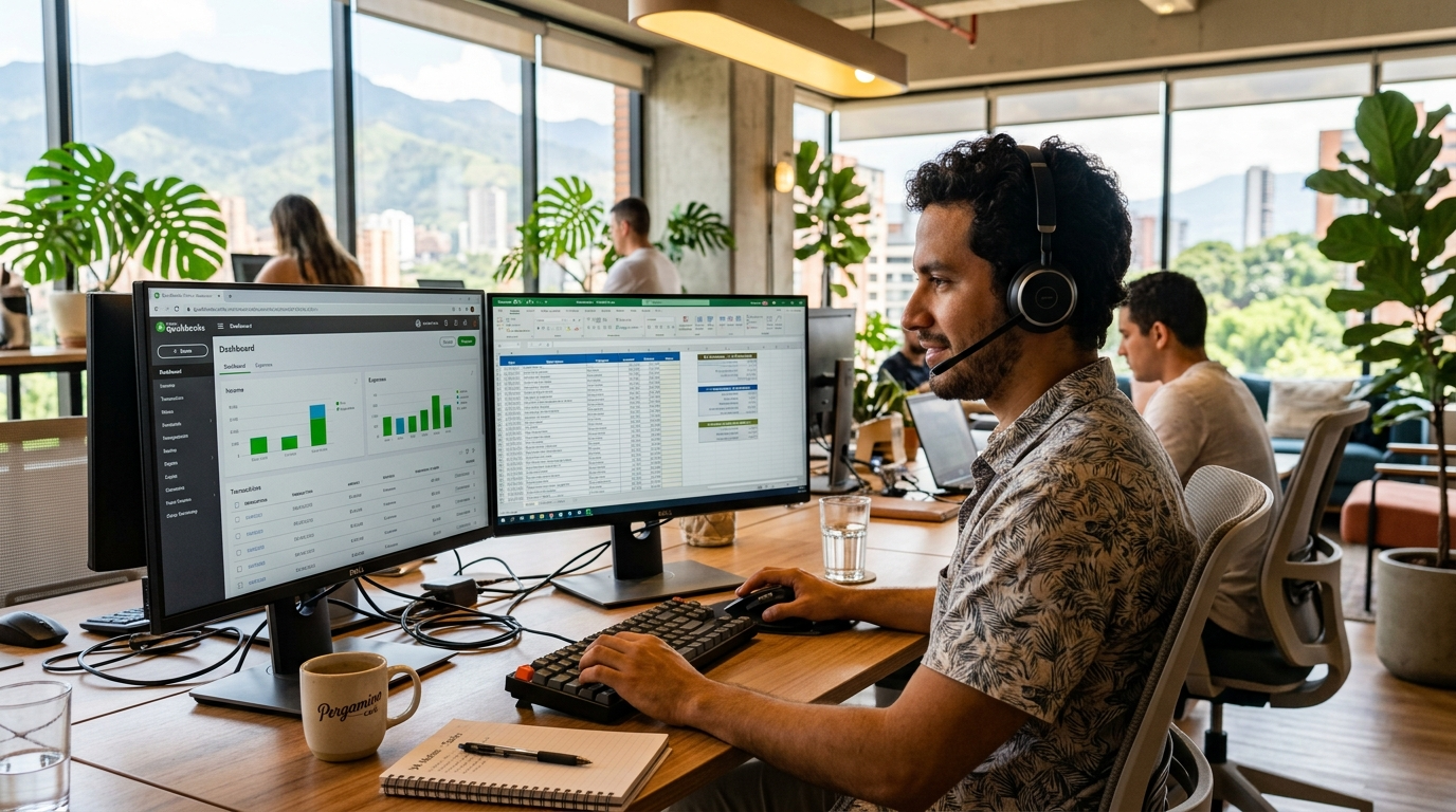 Nearshore virtual assistant in Medellín managing bookkeeping tasks on QuickBooks — 2026 VA cost guide