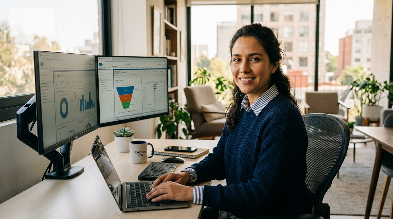 Latin American nearshore virtual assistant working at dual monitors in a bright home office, CRM dashboard visible on screen