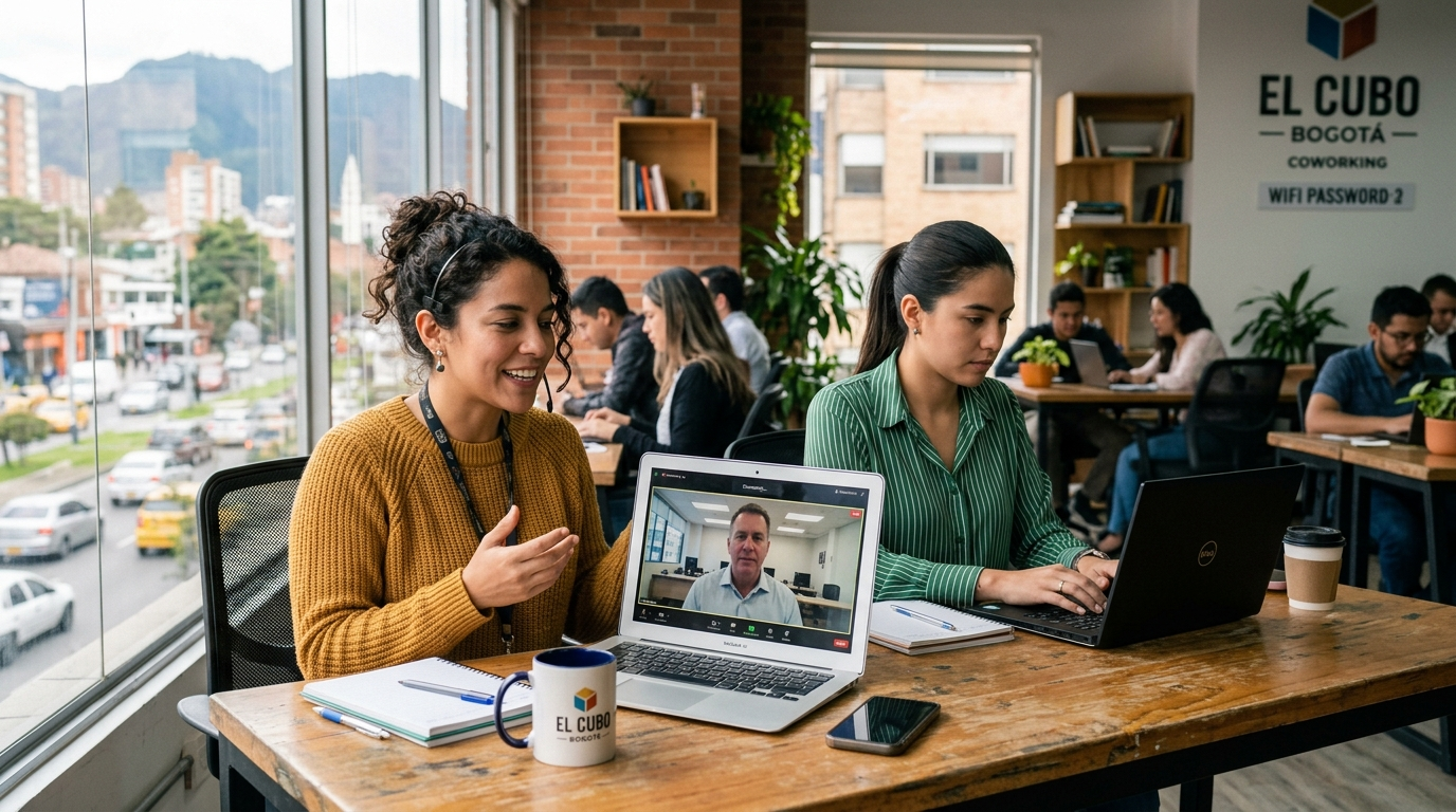Nearshore virtual assistants on a live video call with a US business client from a co-working space in Bogotá, Colombia