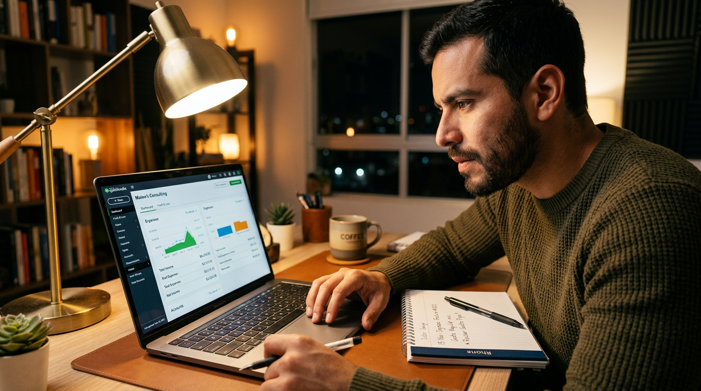 Nearshore virtual assistant reviewing a QuickBooks financial dashboard in a home office, focused on bookkeeping tasks