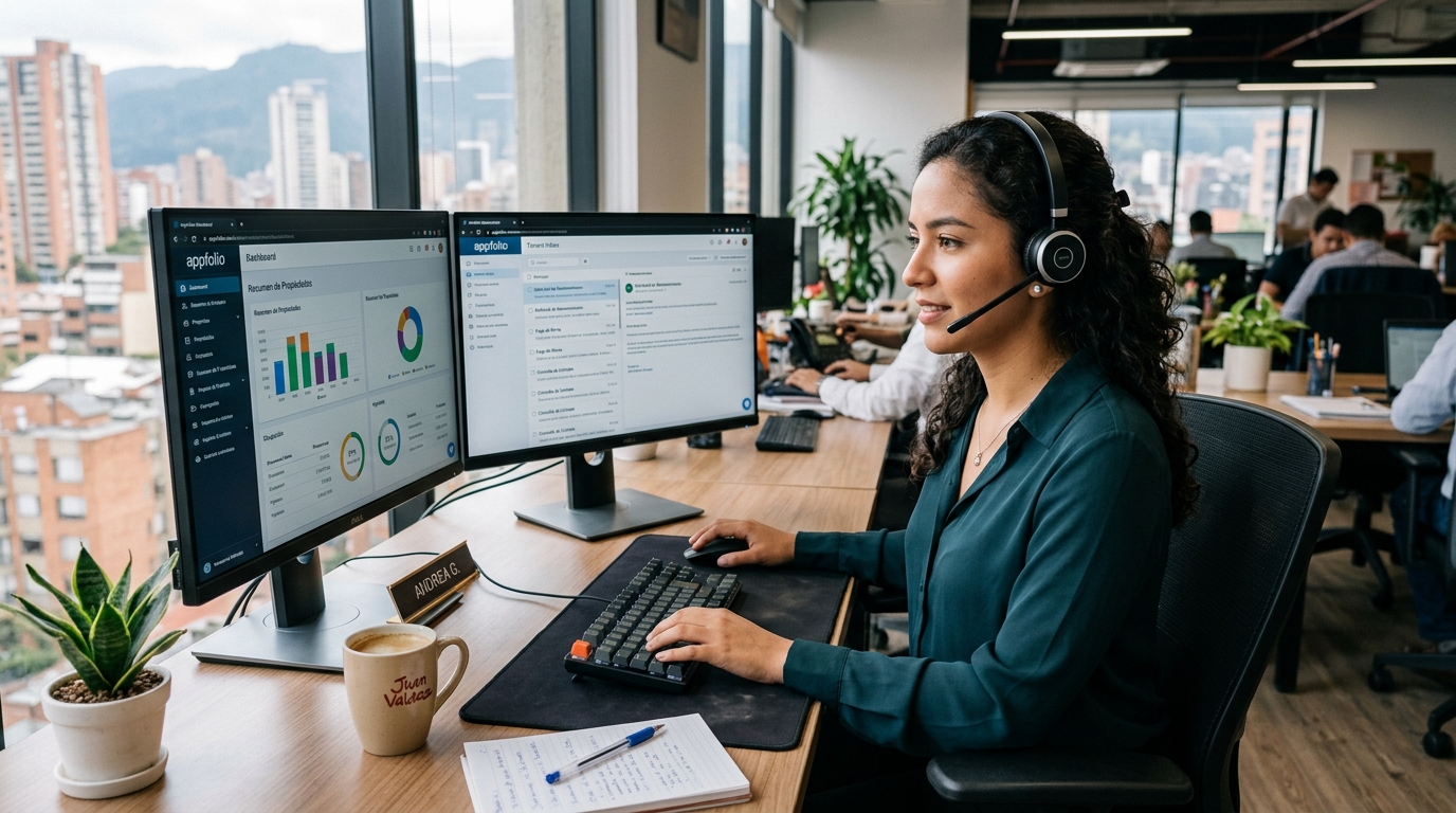 Nearshore virtual assistant managing property management software on dual monitors in a Latin American home office, 2026