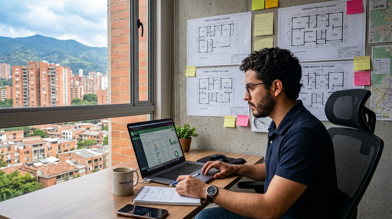 Nearshore property management virtual assistant reviewing Buildium maintenance dashboard in a Latin American home office
