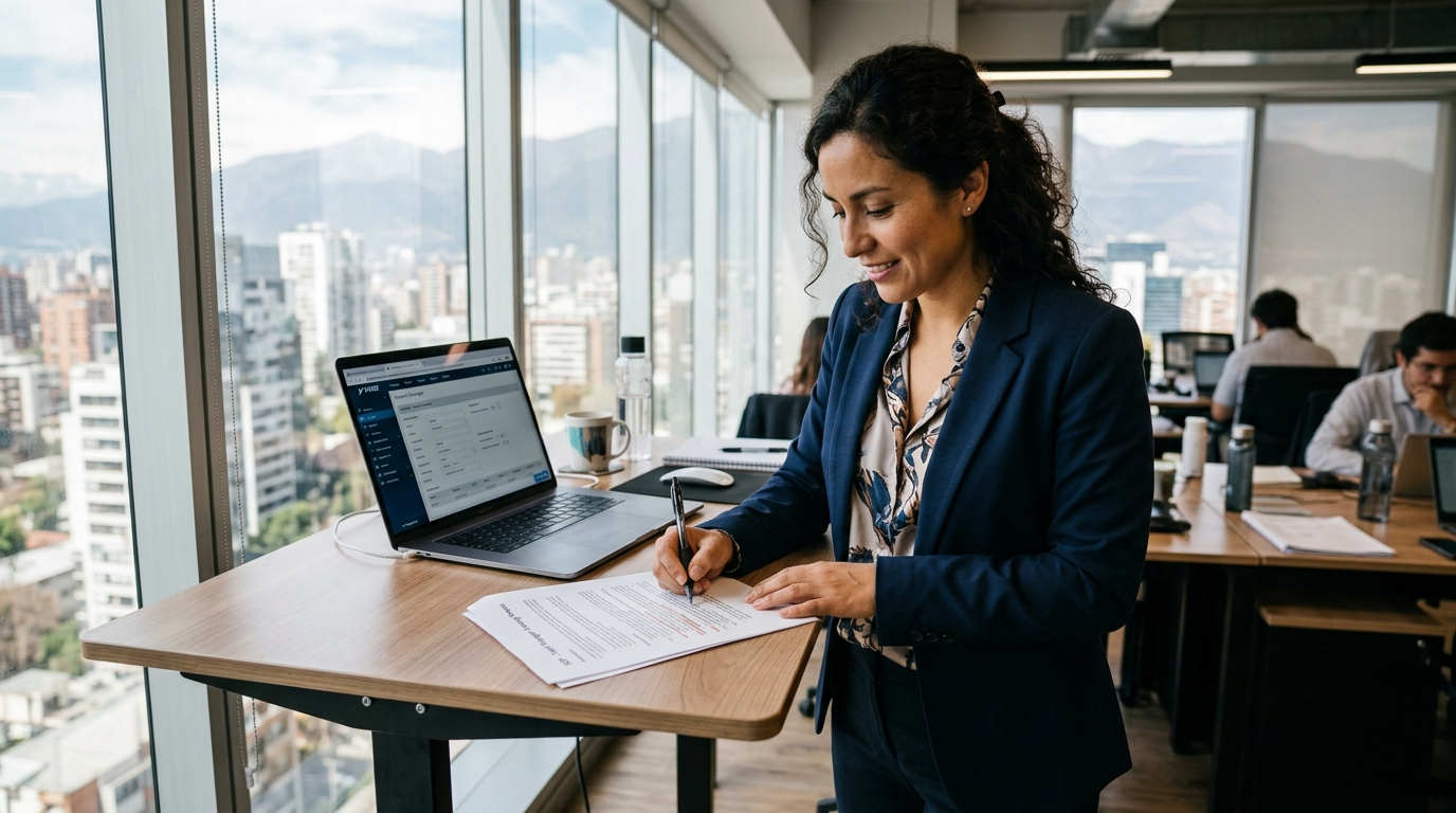 Nearshore virtual assistant reviewing property management SOP document alongside Yardi Voyager software during onboarding