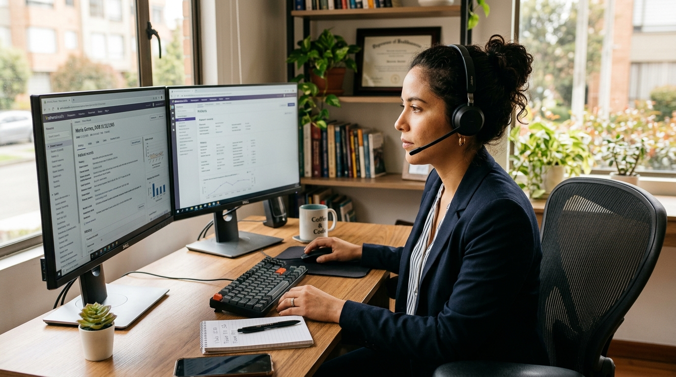 Nearshore virtual medical scribe working from a Latin American home office, completing EHR documentation on dual monitors during a live patient encounter