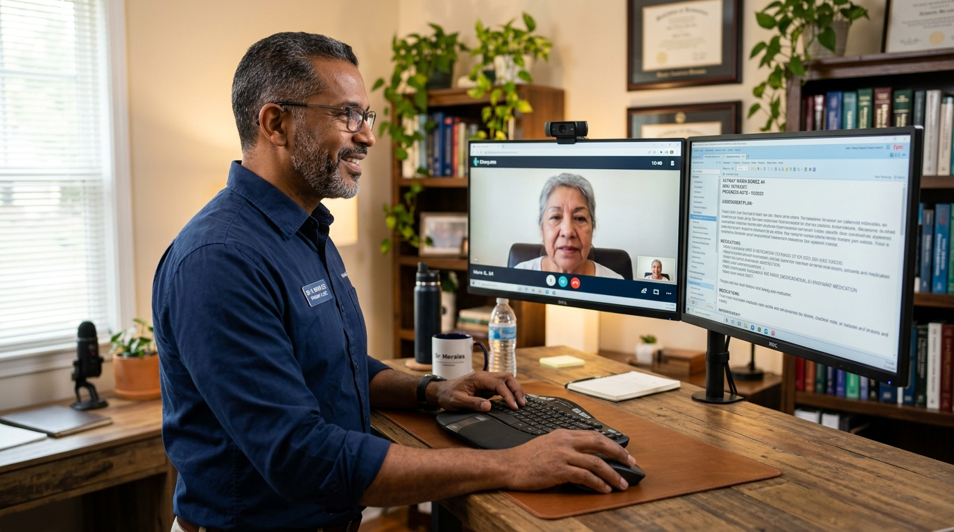 Nearshore virtual medical scribe completing real-time EHR documentation during a live telehealth patient encounter