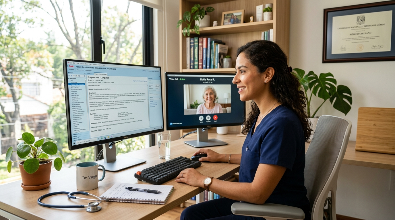 Nearshore virtual medical scribe reviewing completed clinical notes in an EHR system during a US clinic day