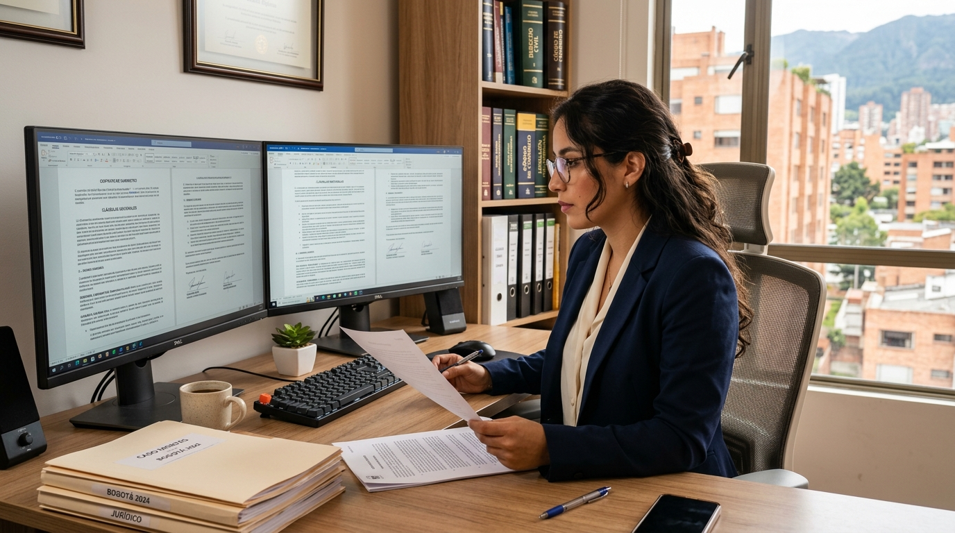 Latin American virtual paralegal reviewing case documents on dual monitors for a US law firm using nearshore virtual paralegal services
