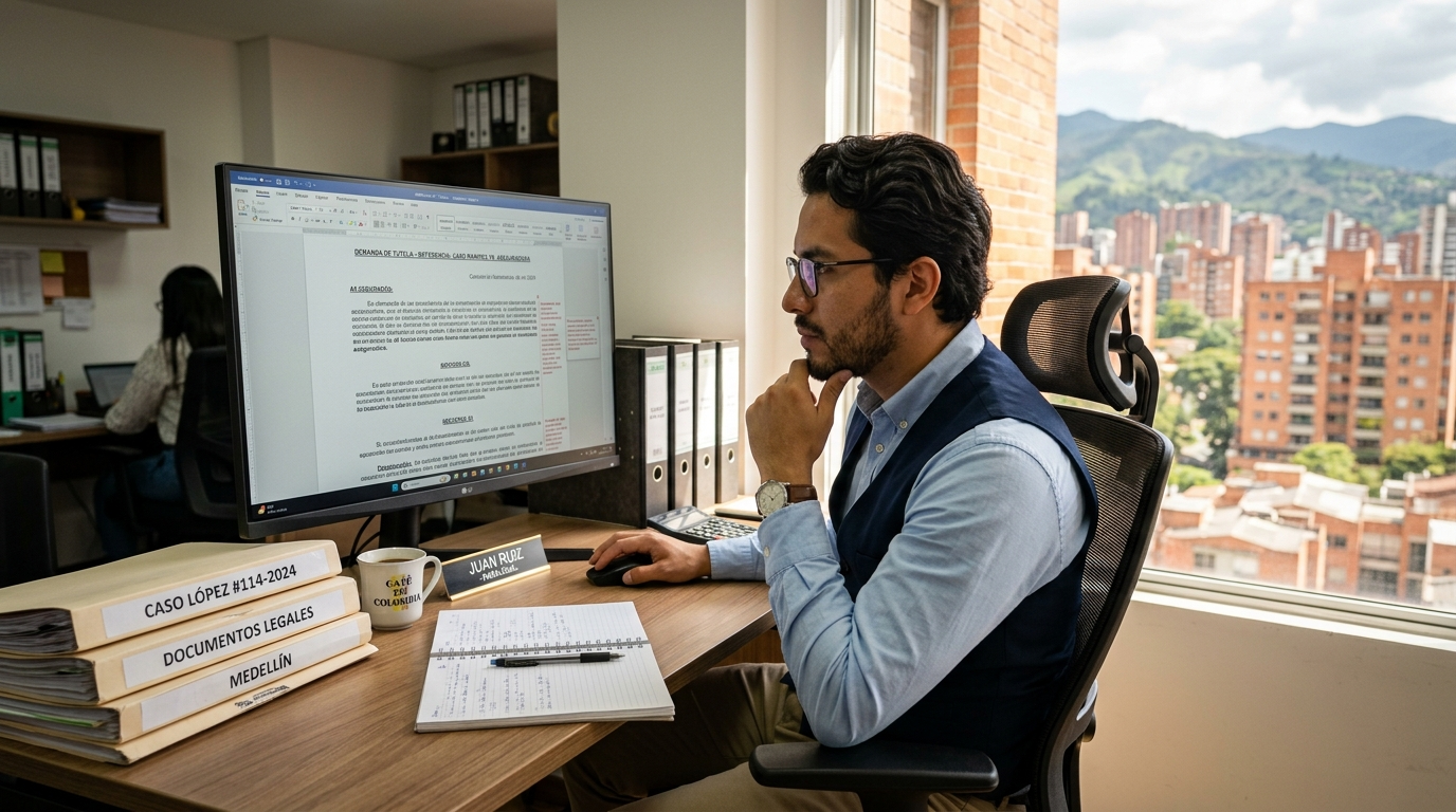 Nearshore virtual paralegal reviewing legal brief on monitor for US law firm client, Latin America home office setting
