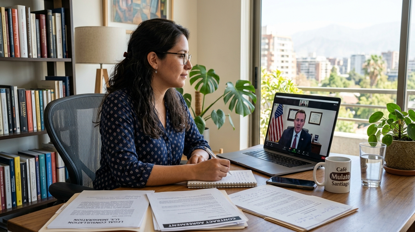 Nearshore virtual paralegal on video call with US attorney discussing case documents, professional Latin America home office