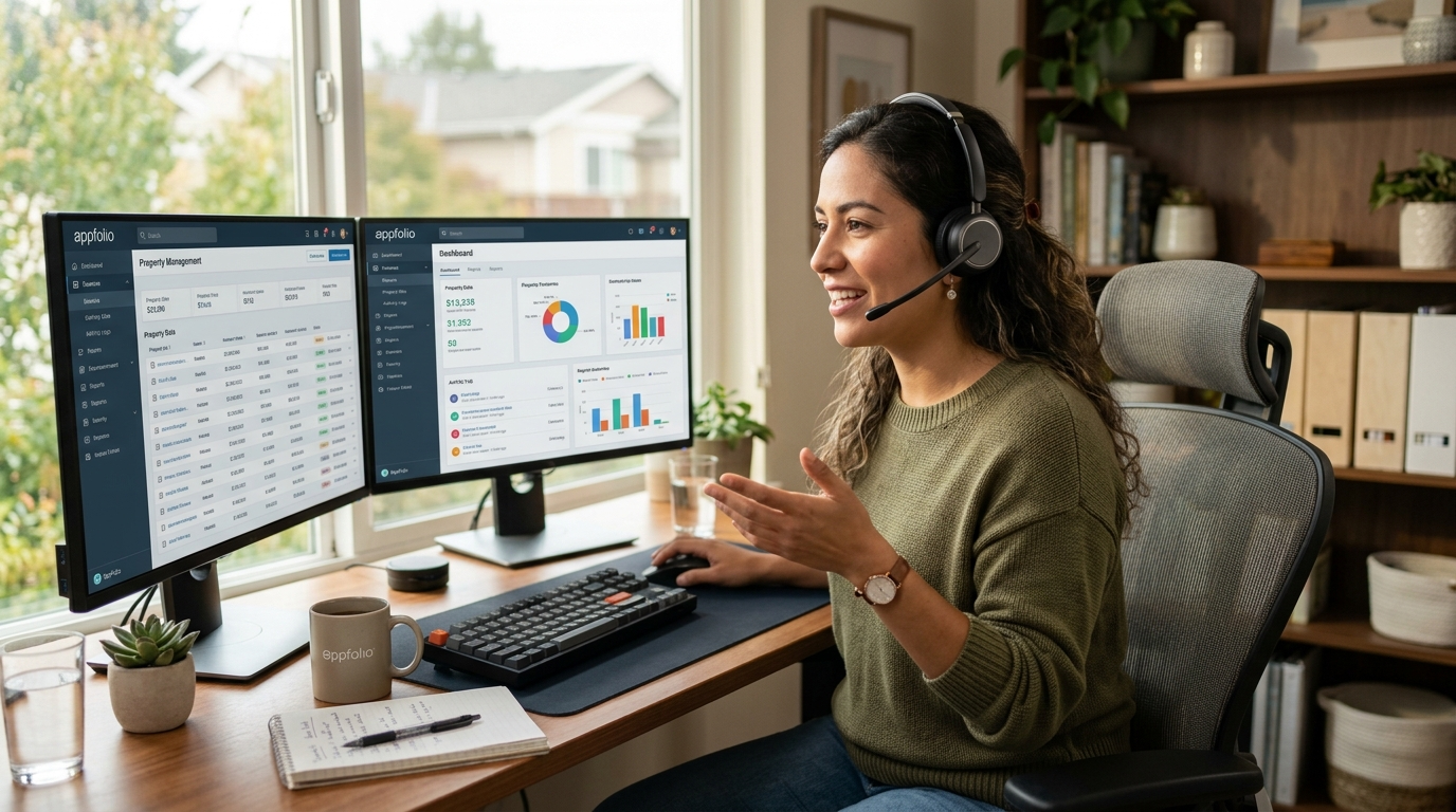 Nearshore Latin American property management VA working US business hours on AppFolio dashboard with headset