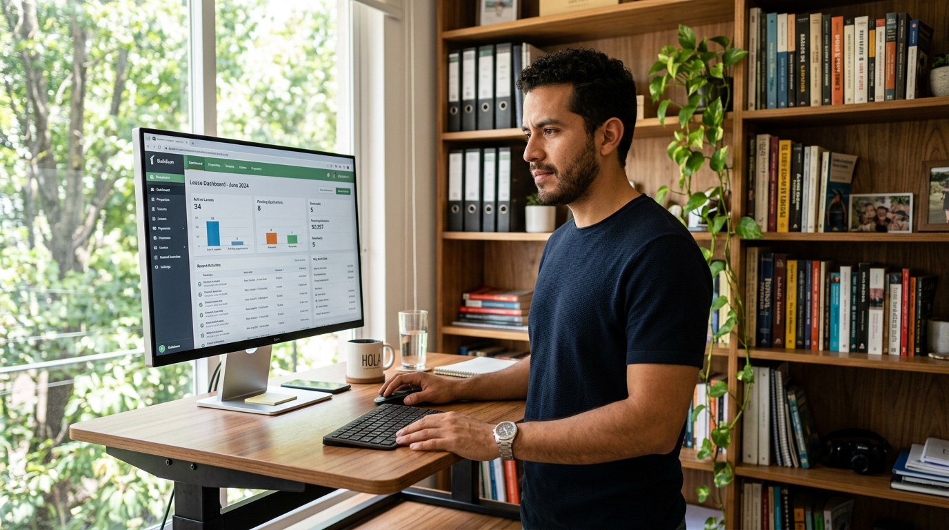 Nearshore property management VA working in Buildium lease admin dashboard, Latin America home office, natural light