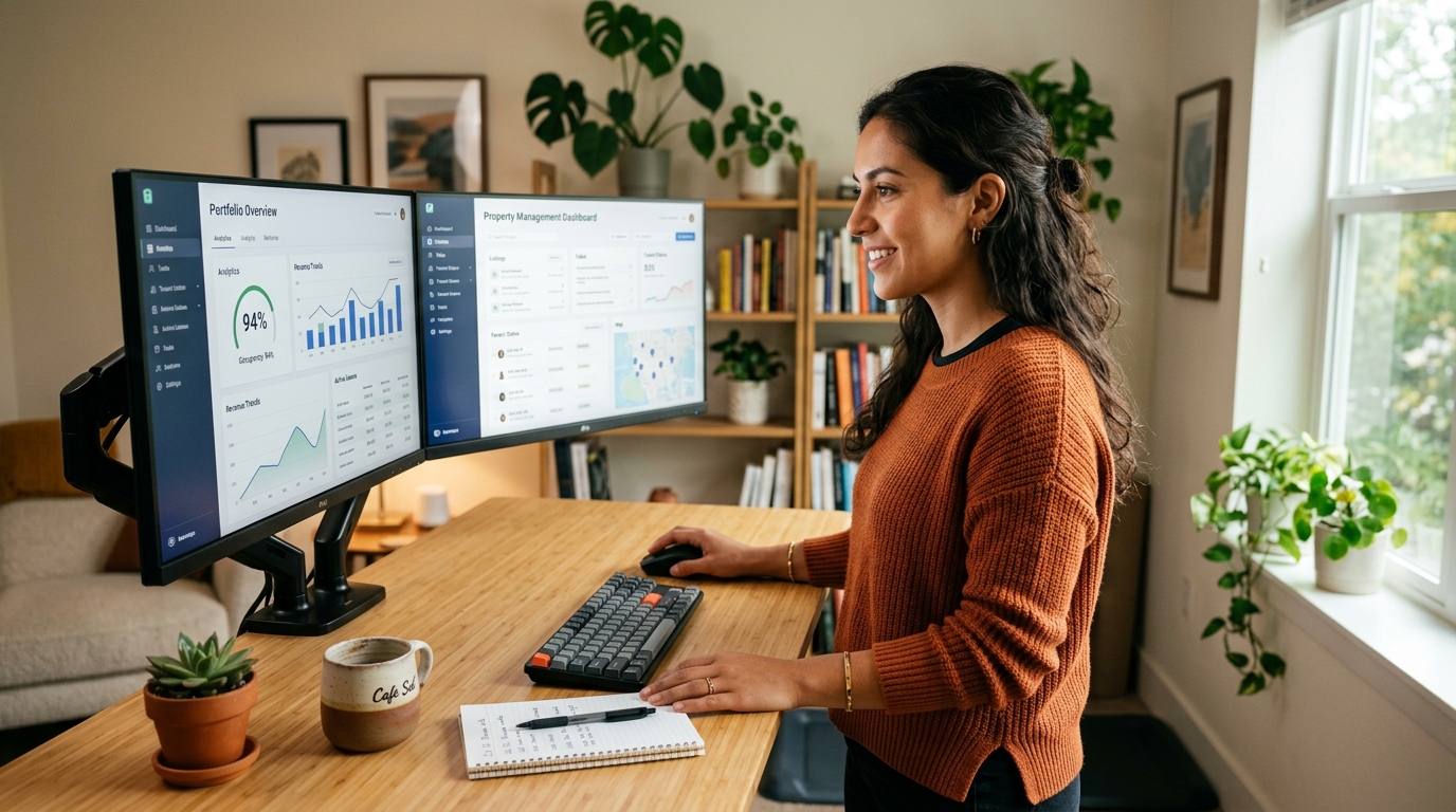 Latin American nearshore virtual assistant reviewing a property management dashboard — nearshore vs offshore virtual assistant comparison 2026