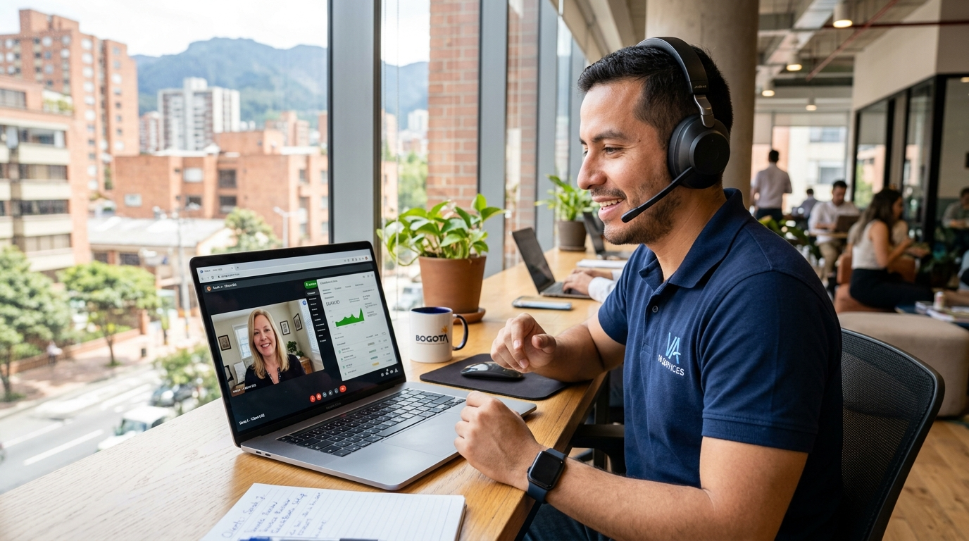 Nearshore virtual assistant in Bogota on a live video call with a US client, QuickBooks visible on screen, 2026