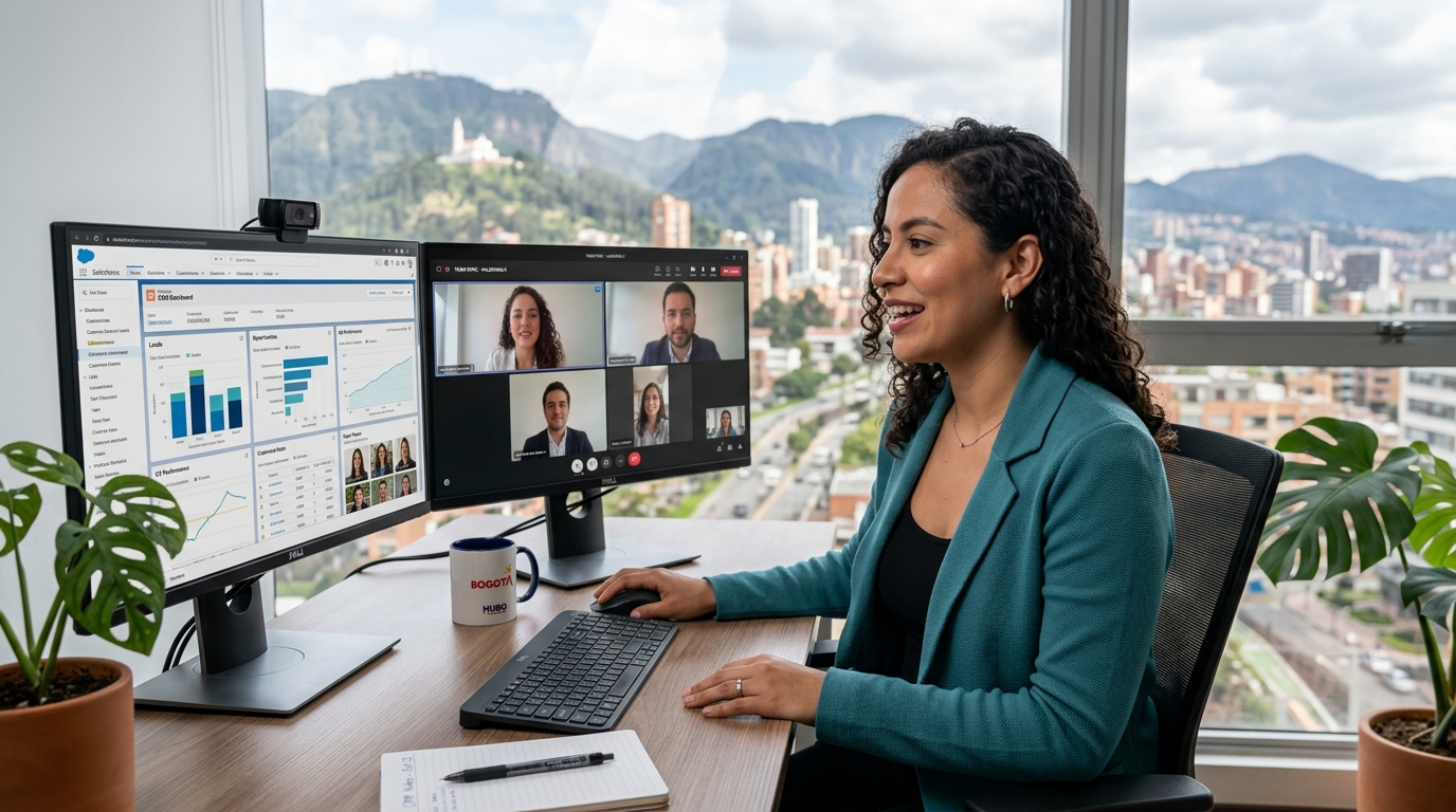 Nearshore worker in Latin America on a video call with a US client, dual monitors showing CRM software, city skyline in background