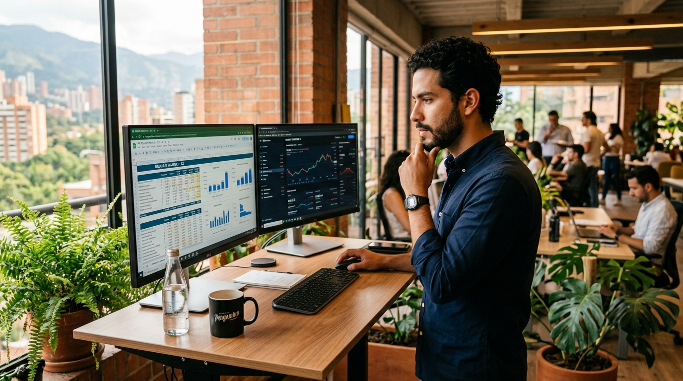 Latin American nearshore worker reviewing financial dashboards at a modern Medellín coworking space, 2026