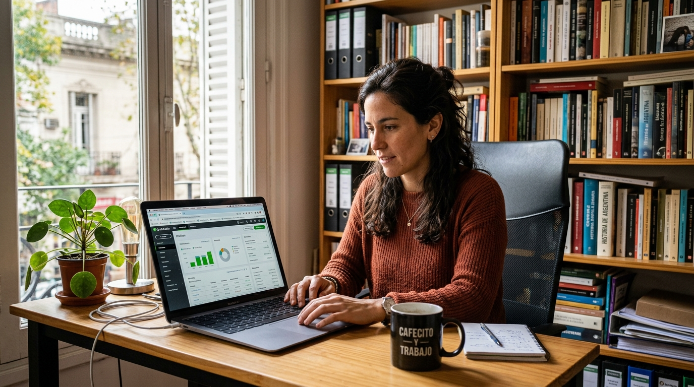 Nearshore bookkeeper in Latin America working in QuickBooks at a Buenos Aires home office, professional setup