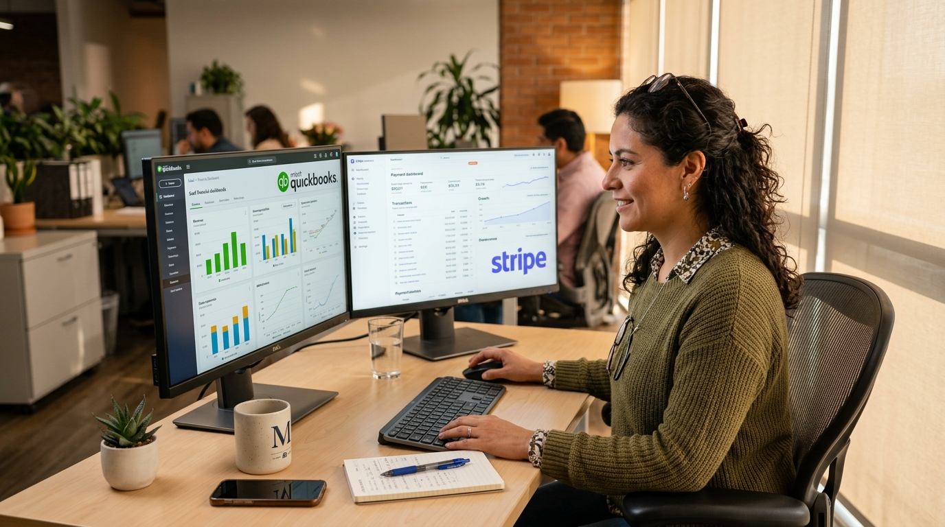 Nearshore accountant reviewing SaaS financial dashboards on dual monitors, QuickBooks and Stripe visible, Latin American professional office setting
