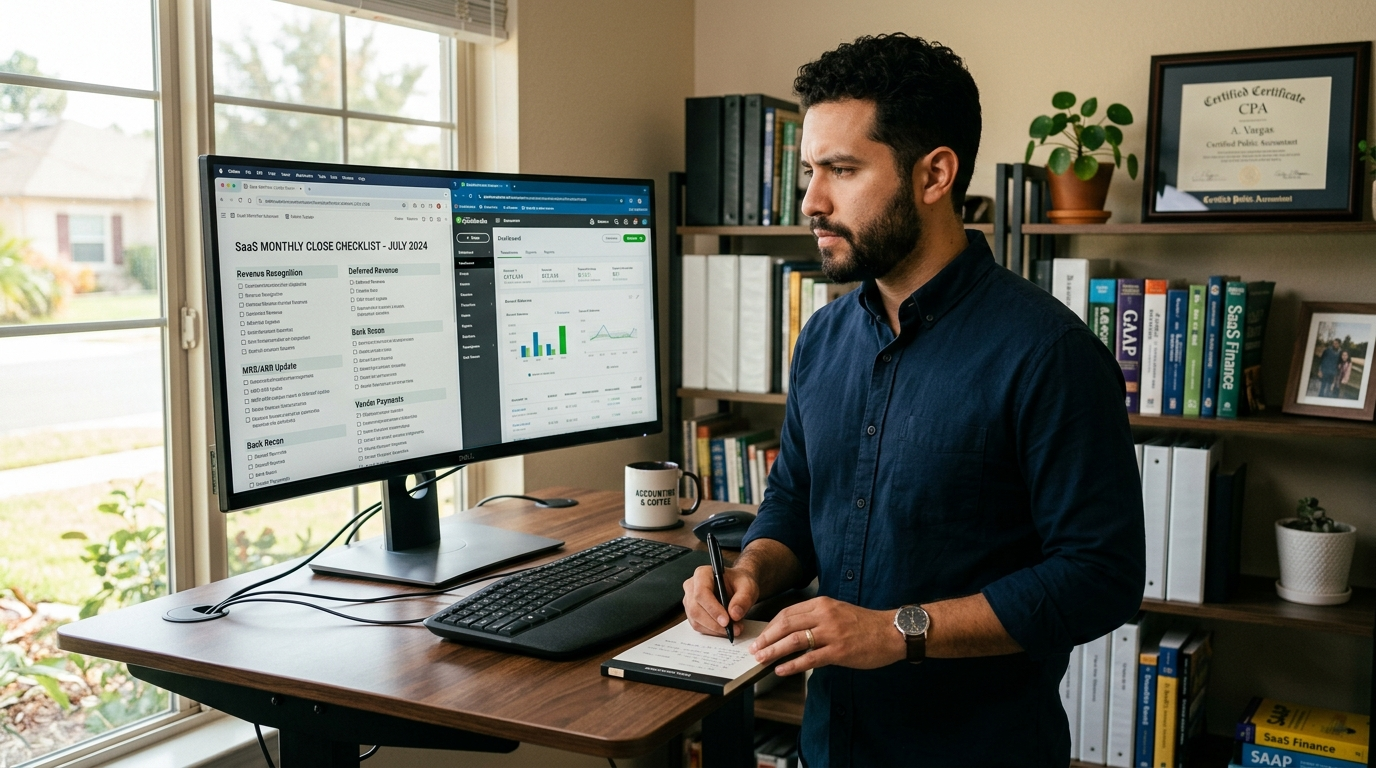 Nearshore SaaS accountant completing month-end close checklist in QuickBooks Online, professional Latin American home office setup