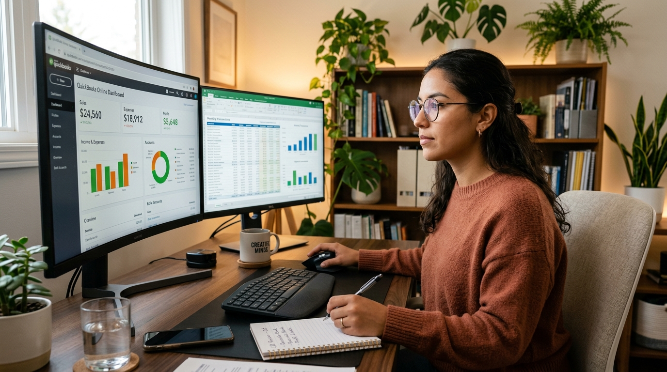 Latin American nearshore accountant reviewing QuickBooks dashboard — nearshoring companies to hire accountants in 2026