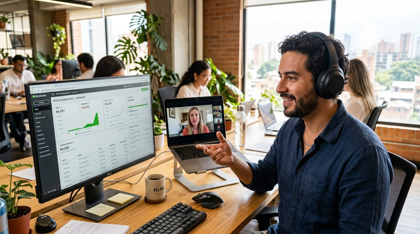 Nearshore accountant on video call with US client, QuickBooks open on screen — nearshoring companies to hire accountants