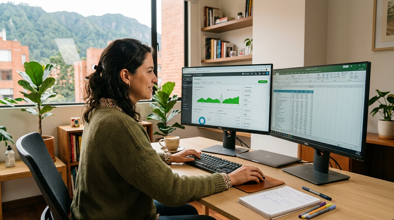 Latin American accountant working nearshore bookkeeping role on QuickBooks dashboard in a modern Bogotá home office
