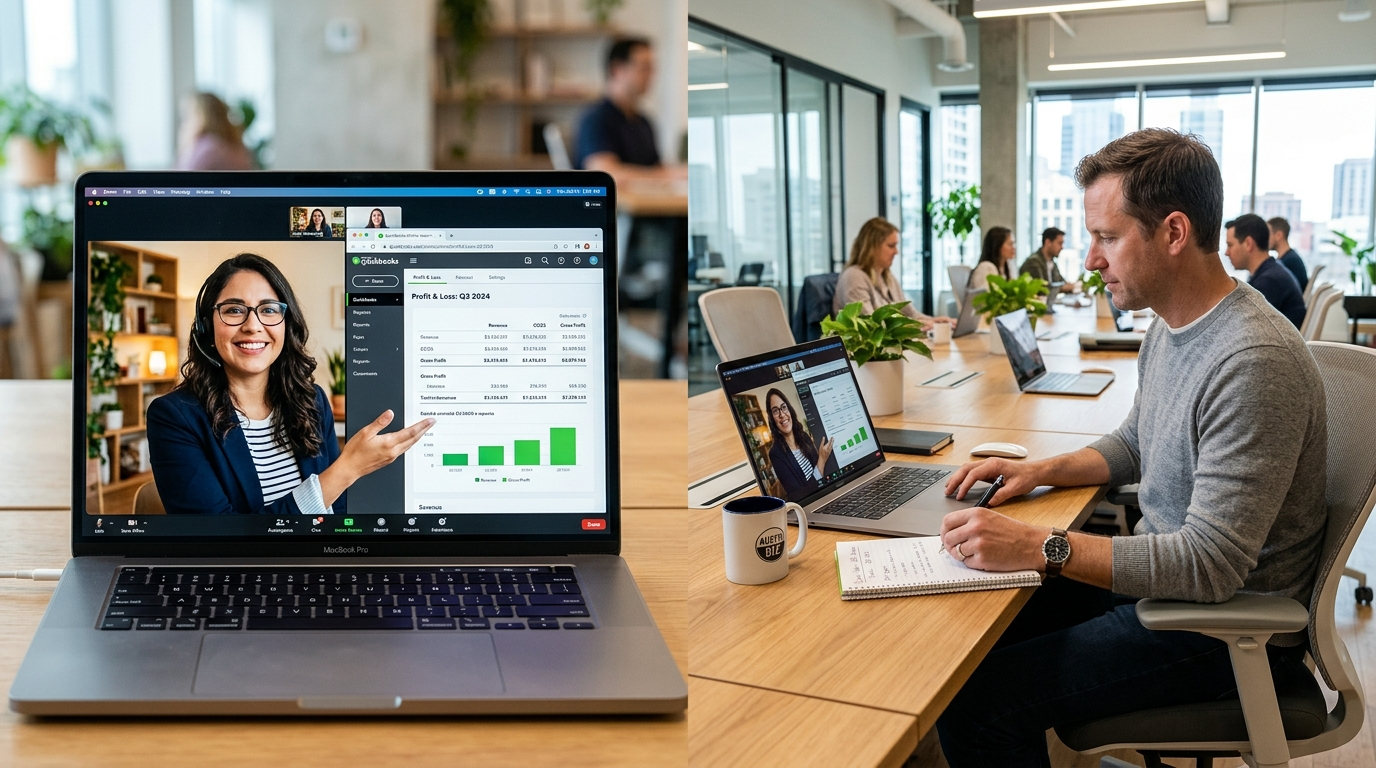 US business owner on video call with nearshore Latin American accountant reviewing QuickBooks financial report