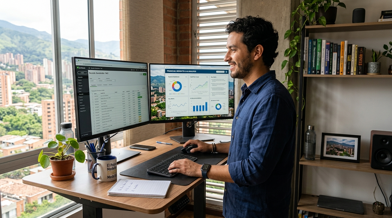 Nearshore Latin American accountant using AI copilot alongside QuickBooks for faster reconciliation in a modern home office