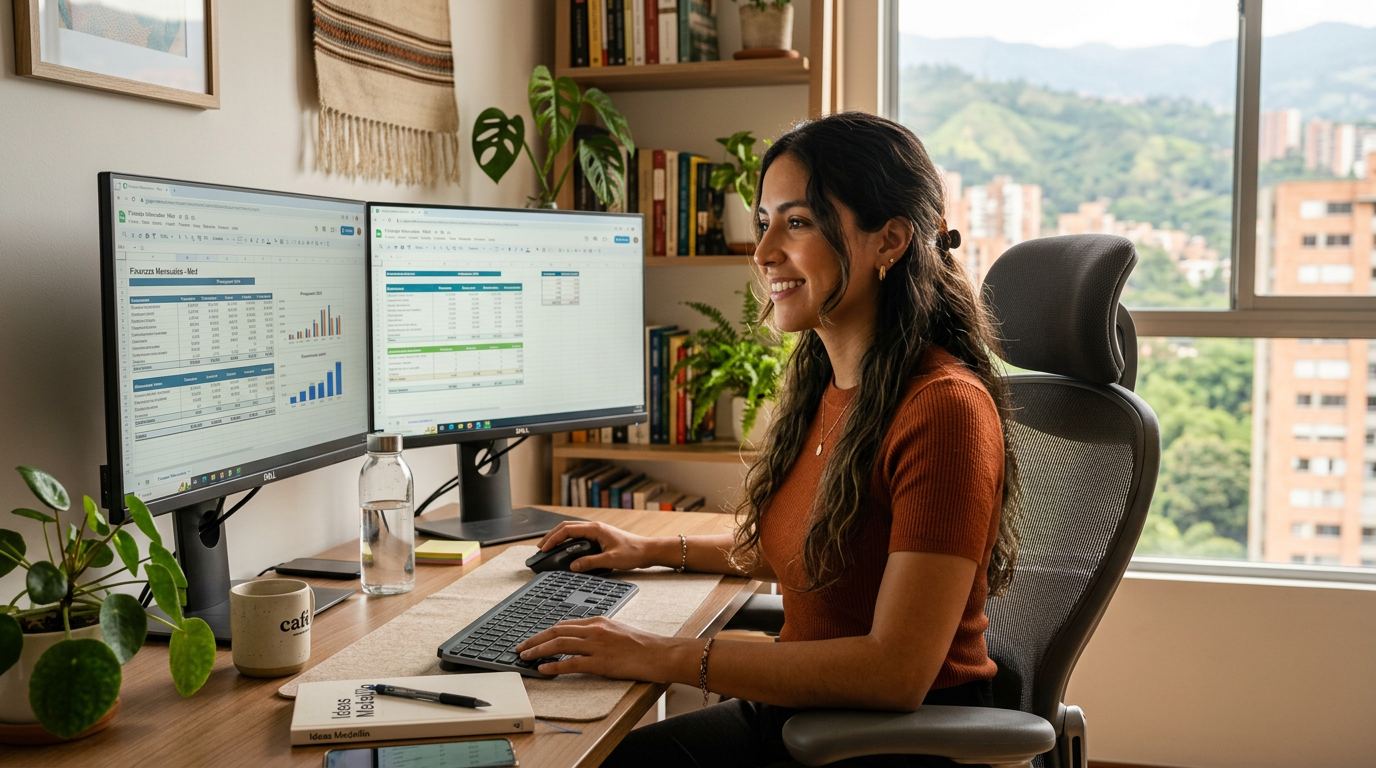Nearshore virtual assistant in Latin America working at a dual-monitor home office setup during US business hours in 2026
