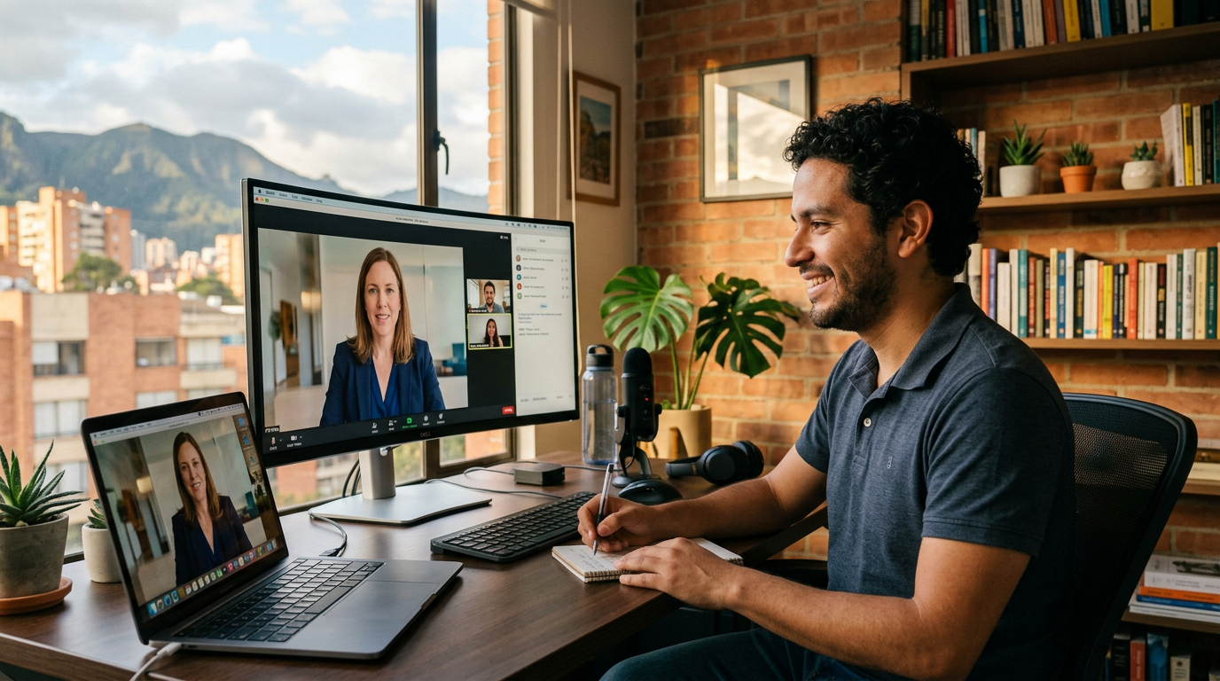 Nearshore VA in Colombia on a real-time video call with a US business owner during overlapping business hours
