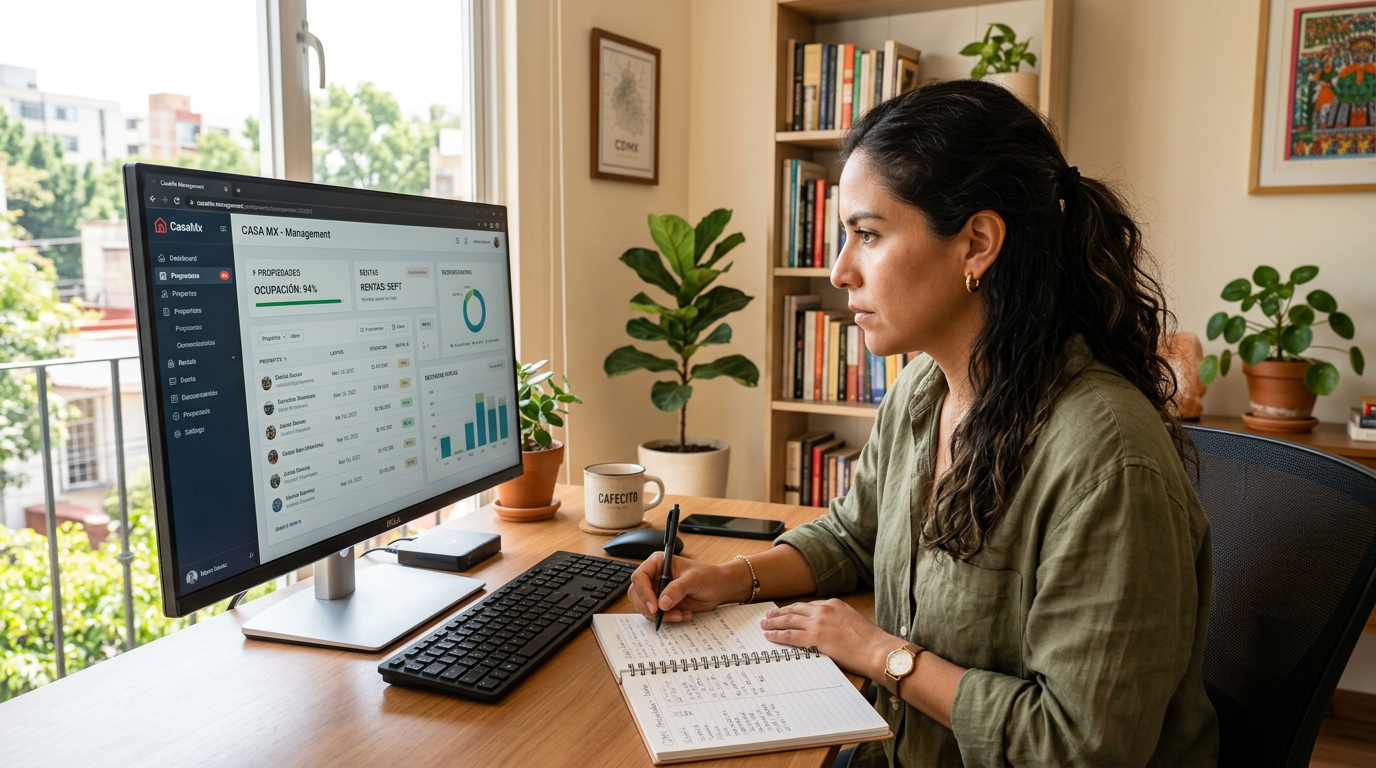 Latin American nearshore virtual assistant reviewing property management software in a home office, demonstrating nearsourcing in action