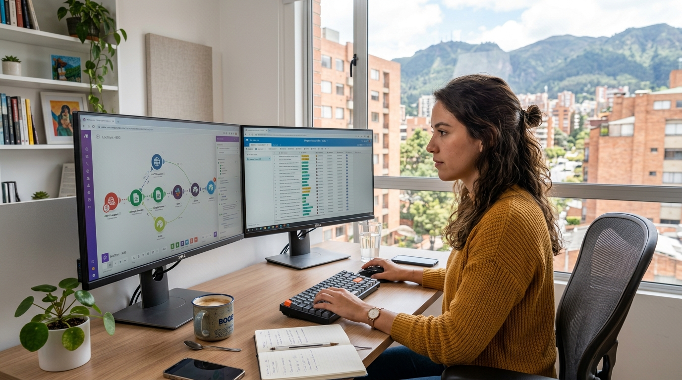Nearshore no-code virtual assistant in Latin America building a Make.com automation workflow on dual monitors at a modern home office
