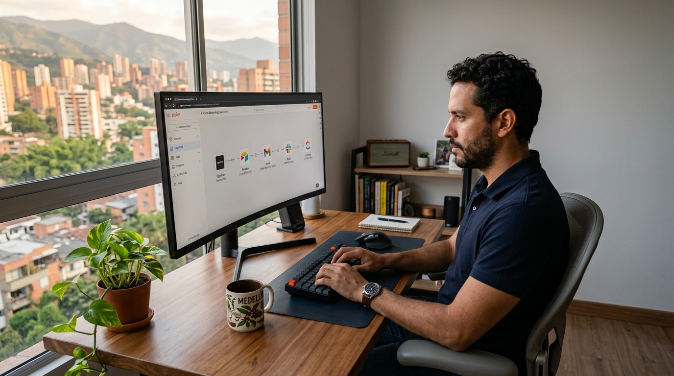 No-code virtual assistant in Latin America configuring a Zapier automation workflow on a large desktop monitor