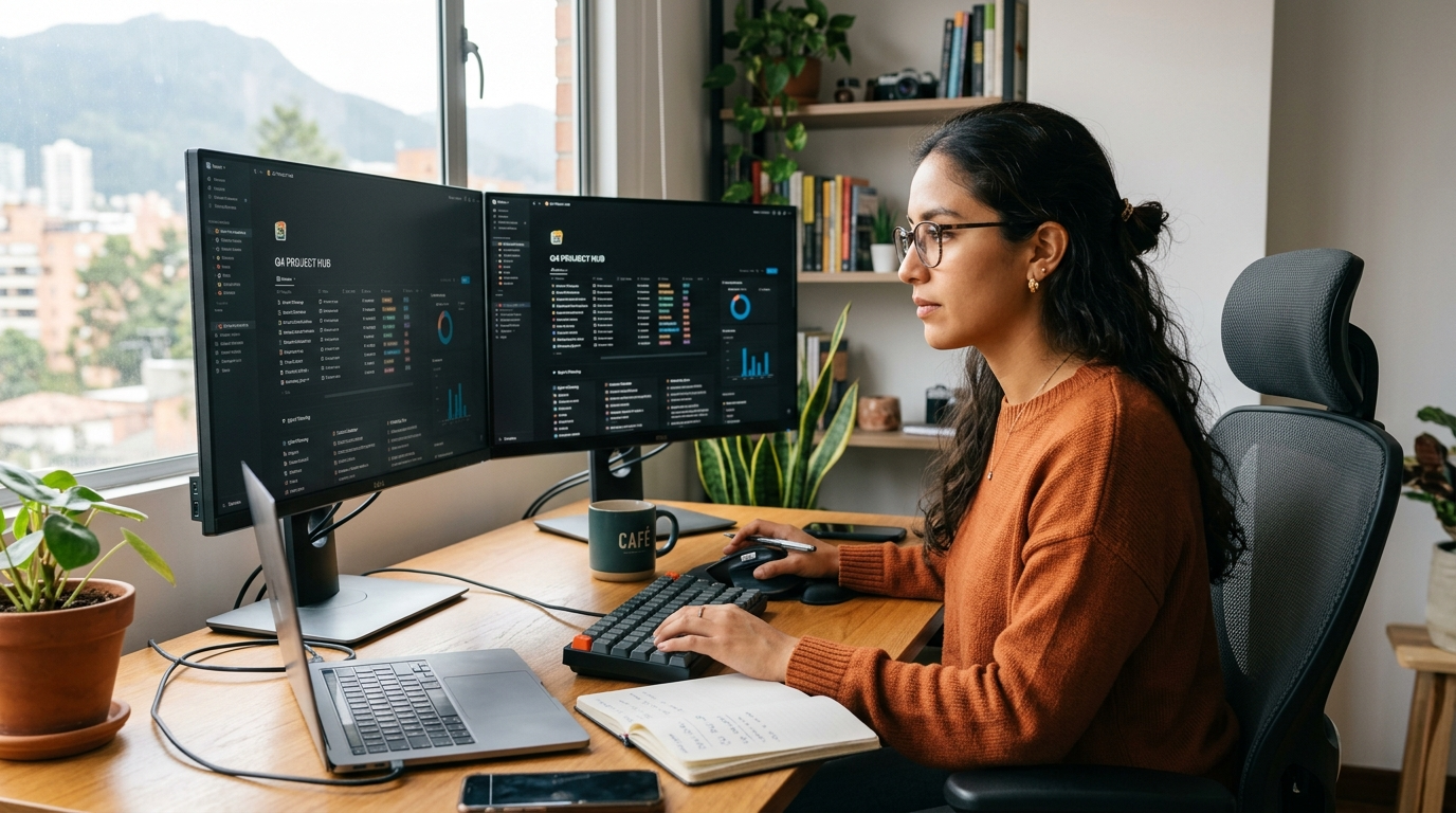 Notion administrator virtual assistant working on a Notion database at a Latin American home office with dual monitors
