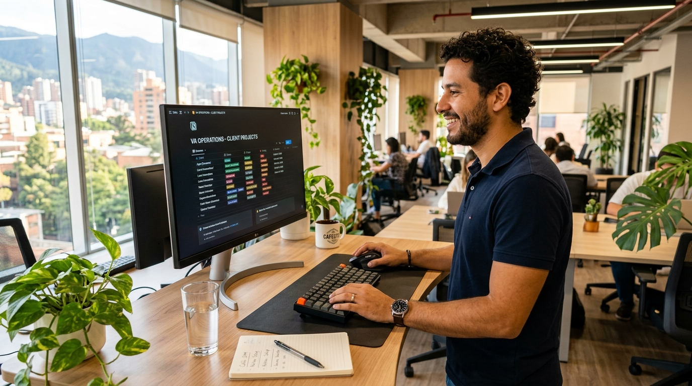 Notion administrator virtual assistant building a relational database in Notion on a large monitor at a modern desk