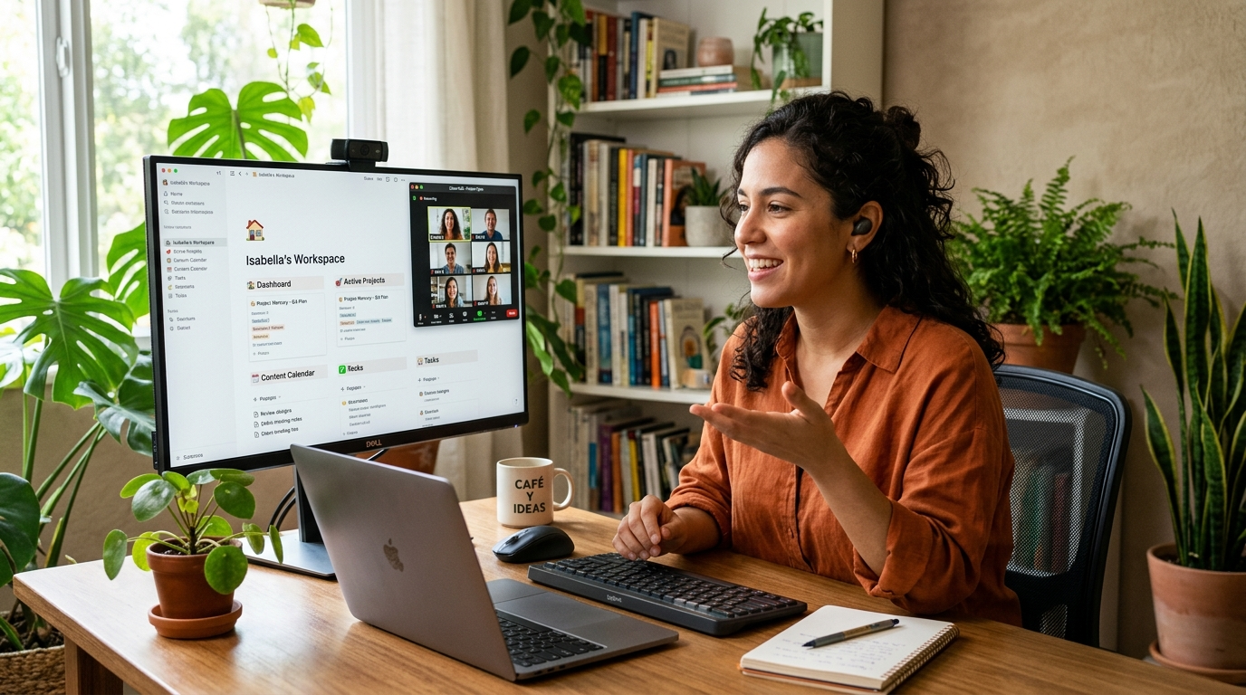 Nearshore Notion administrator VA on a live video call with US client team, Notion workspace open on dual monitors