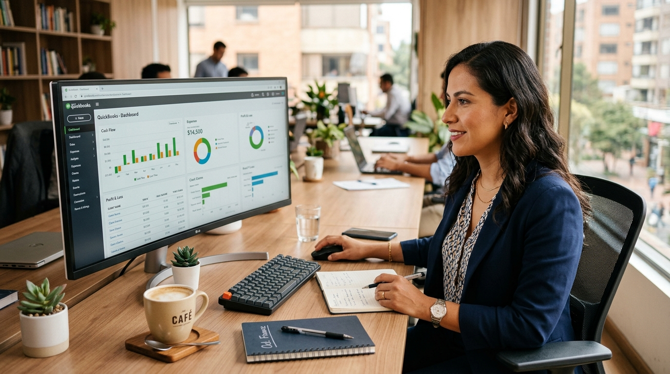 Latin American virtual bookkeeper reviewing QuickBooks dashboard for small business online bookkeeping services