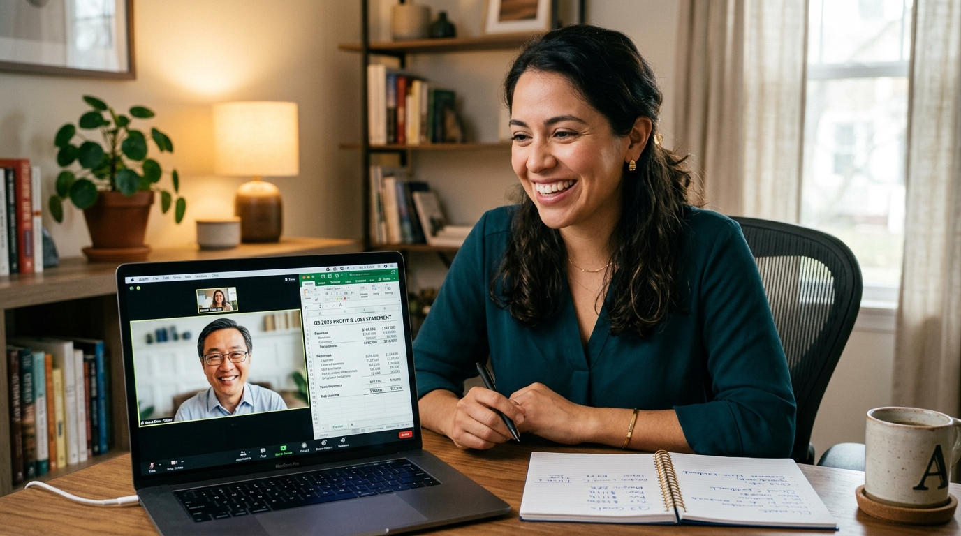 Nearshore virtual bookkeeper presenting monthly P&L report on video call for small business online bookkeeping services