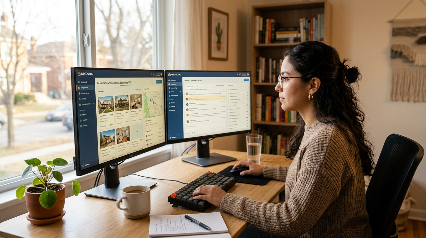 Latin American nearshore virtual assistant reviewing onshore placements data on dual monitors at a bright home office desk