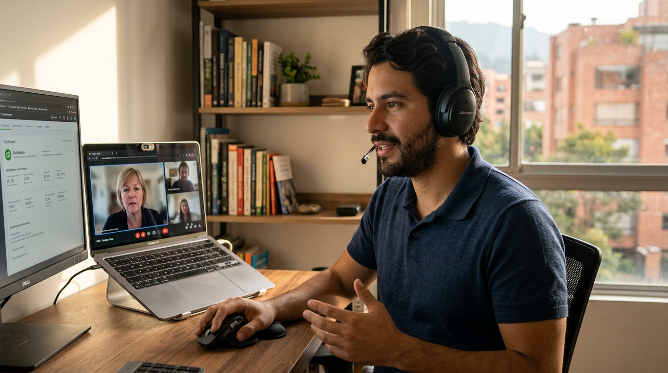 Nearshore virtual assistant on video call with US client reviewing QuickBooks bookkeeping data, modern home office