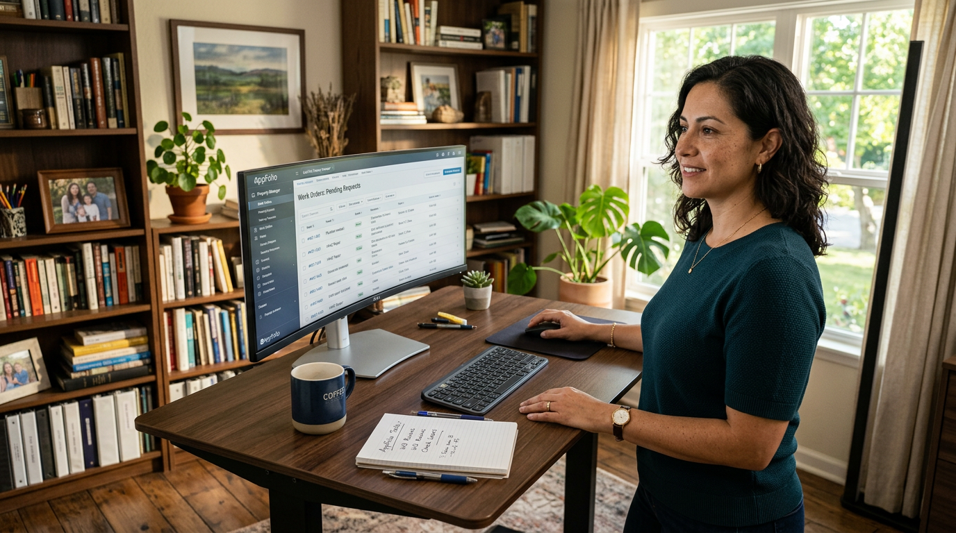 Nearshore virtual assistant reviewing AppFolio property management work orders at a standing desk, professional home office setting