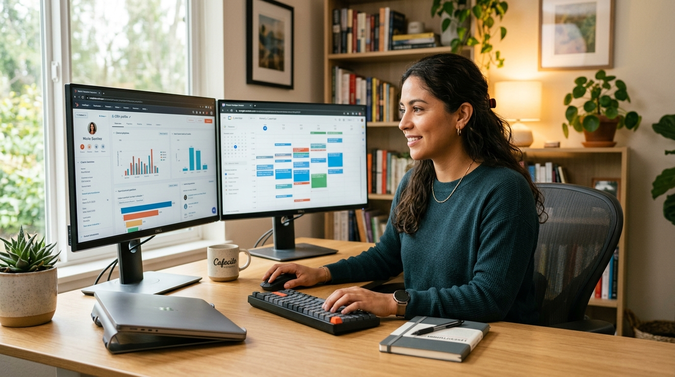Latin American nearshore virtual assistant working at a dual-monitor desk, illustrating the onshore vs offshore virtual assistant comparison for 2026.